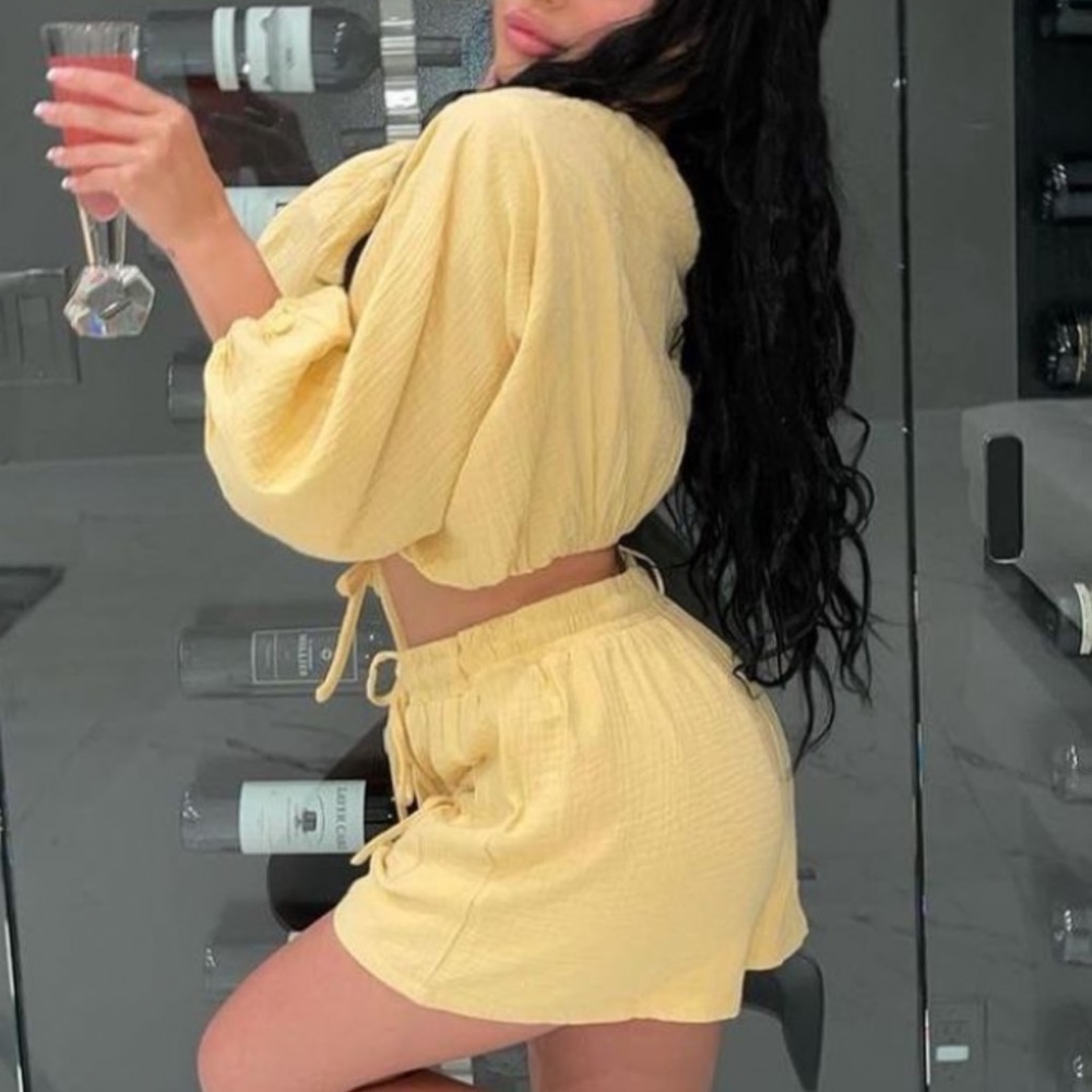 SET- Yellow crop top off-shoulder set with shorts. SIZE: S.